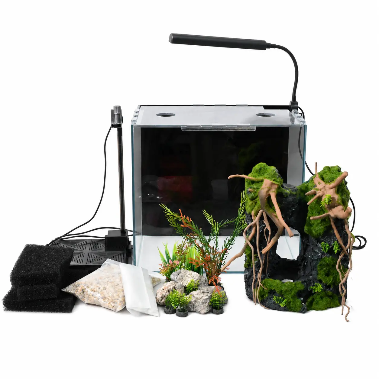 5.75 Gal Glass Small Fish Tank Desktop Kit - All-in-1 Desktop Tank with Sand, Waterfall Decor, Filter Hidden, LED Light, Cover Plate, USB Power, Low-Maintenance Design