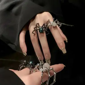 2-piece Halloween Gothic style dark spider open ring, exaggerated punk design moonstone metal ring jewelry