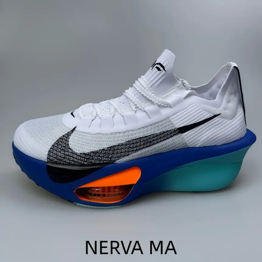 White blue orange color-block carbon plate racing athletic shoes with breathable fly knit upper, thick air cushion brings strong rebound for marathon and daily sprint training