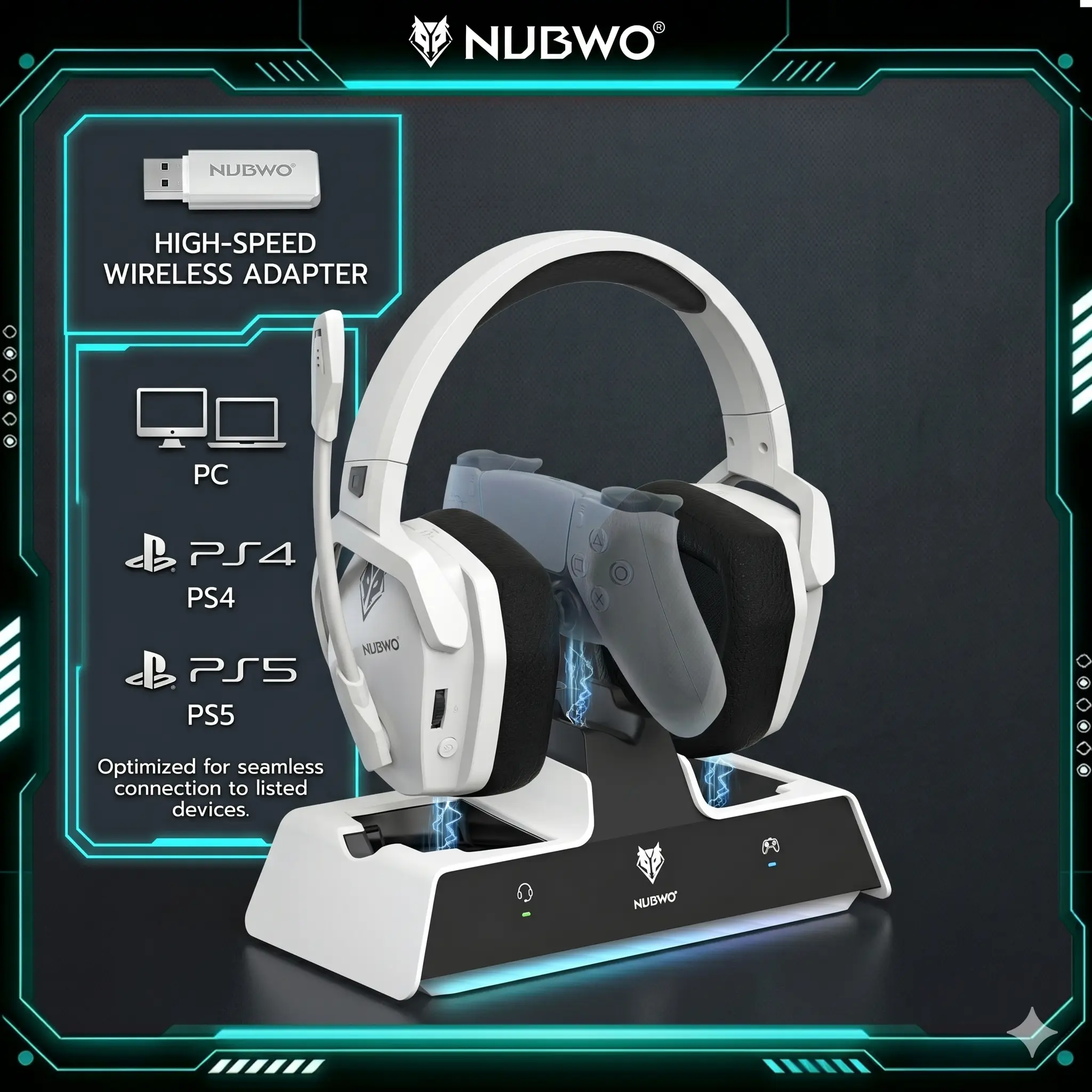 NUBWO G06 Pro Bluetooth Over Ear Gaming Headset - PS5-Only Headset for Gaming, Dual Controller Charging Dock, 17ms Low Latency, 120H Battery Life, 50mm Dynamic Drivers, Battle-Ready Glow, Double-Sided Anti-Slip Pads, Voice Control - White, Controller Acce