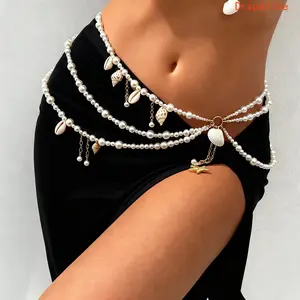 Women's Conch Shell Pendant Waist Chain - Faux Pearl, Scallop Shell Body Chain - Stylish Bikini Accessory for Beach Vacation, Sports & Outdoor Use
