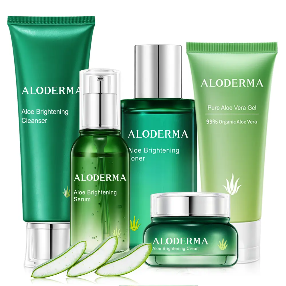 ALODERMA Aloe Brightening Skincare Set - 5 Piece Kit with Cleanser, Toner, Serum, Cream & Gel for Radiant, Hydrated Skin, Restore, Cleansing, Moisturize, Radiant Skin, Soft Skin