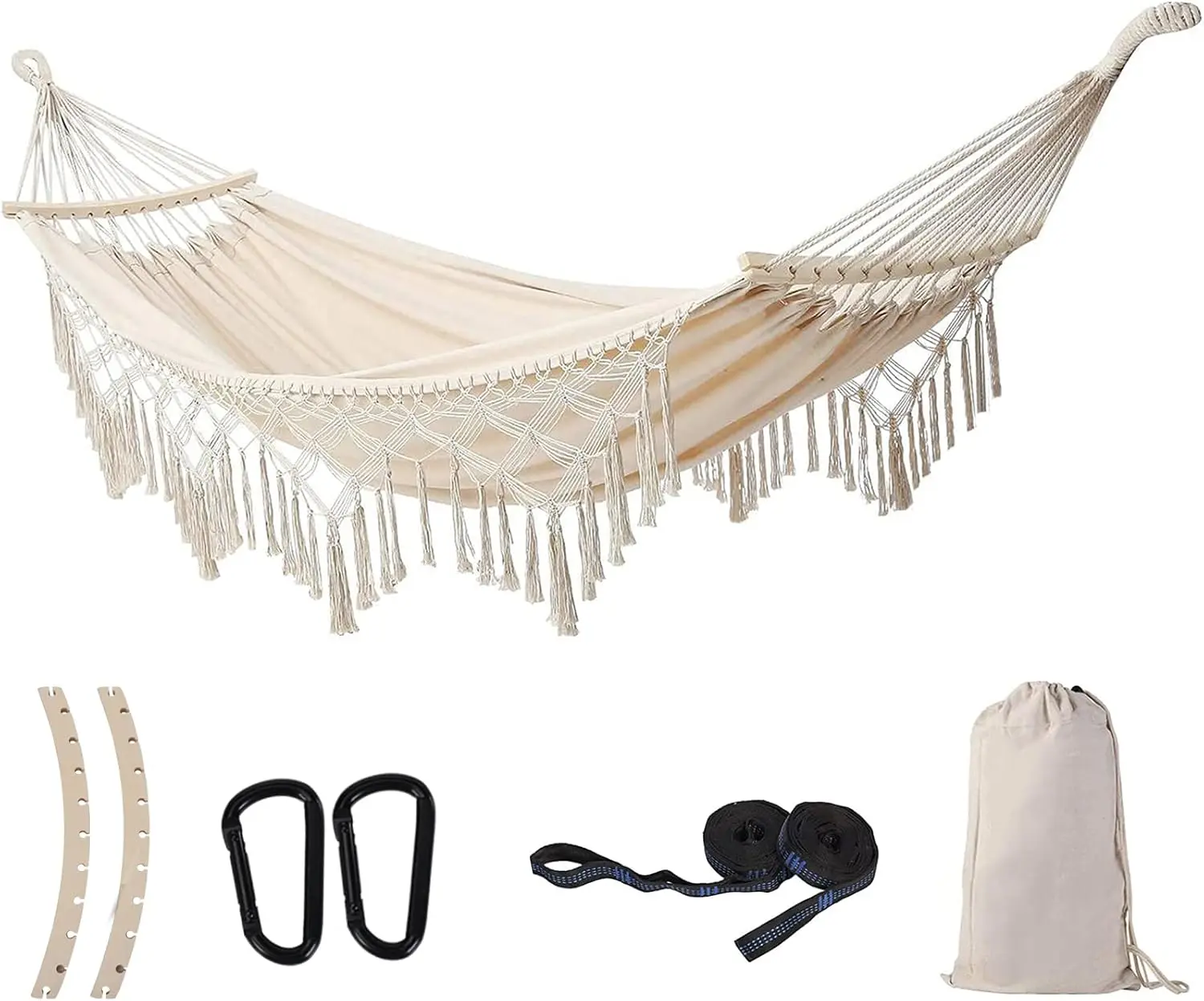 Cotton Double Macrame Hammock Hanging Swing, 500lbs Max Capacity, Beige Cozy Hammock, Outdoor Porch Patio Use, Home Improvement Garden Decor, Outdoor Porch Swing