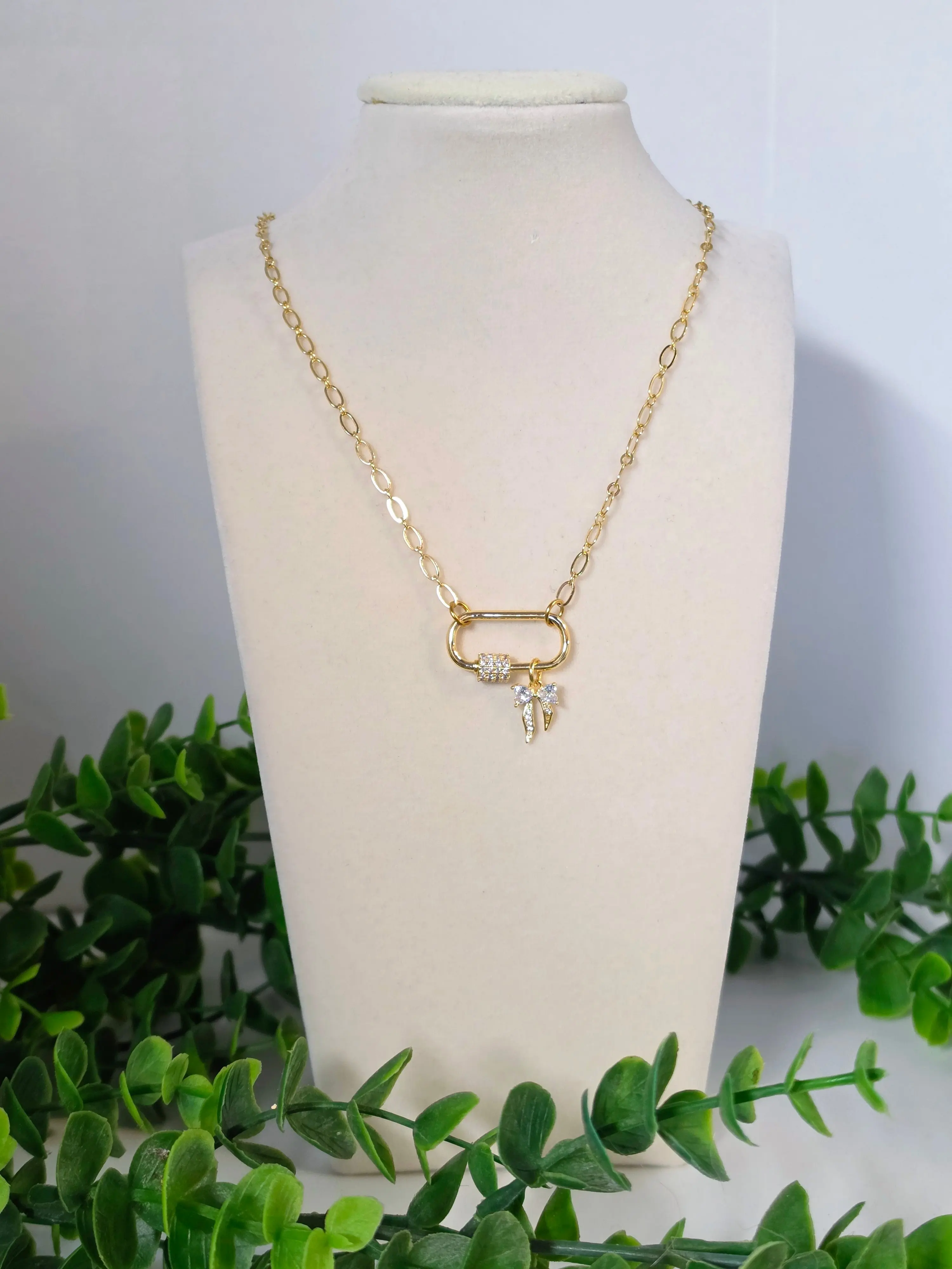 Christie 16" Gold Carabiner Necklace with Bow Charm | Gold Charm Necklace