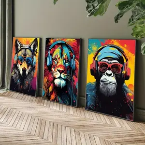 Vibrant Animal Canvas Art - 3-Piece Tiger Wolf Chimpanzee Prints Unframed Poster Ornaments for Bedroom Black Decorative Photo Art wall decor wall art poster wall decor for men poster