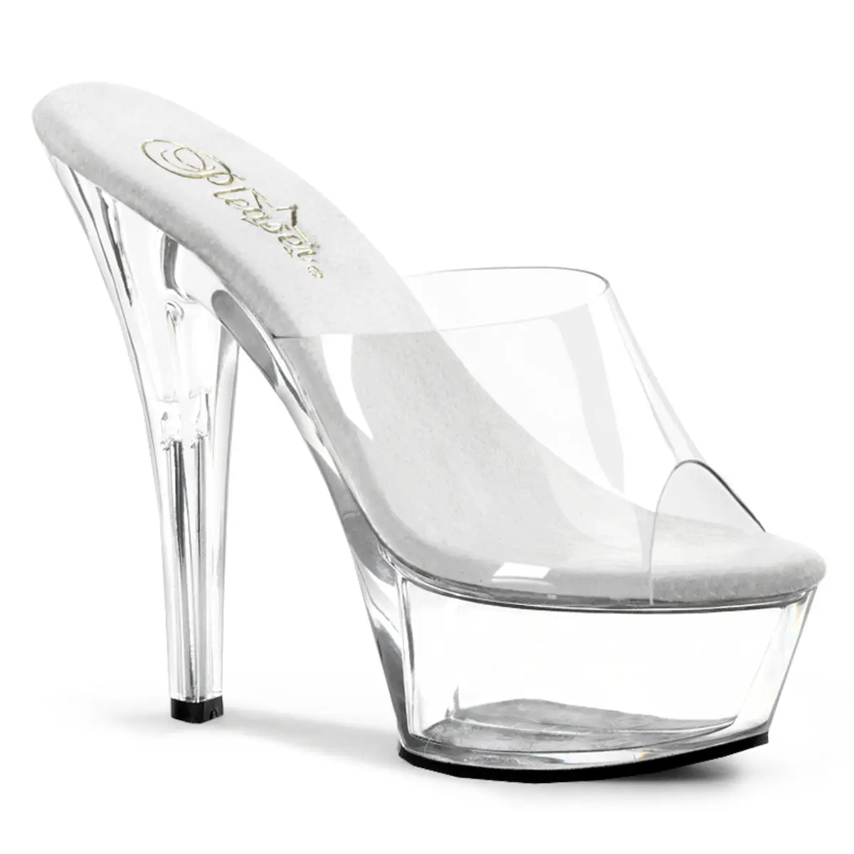 Pleaser Kiss-201 Women's Transparent Peep Toe Slides with 6-Inch Heel and Platform, Slip On Evening Footwear, Easy On-Off, Pull On, Polyurethane, Faux Leather, Statement Shoes, Slide Heel Sandals