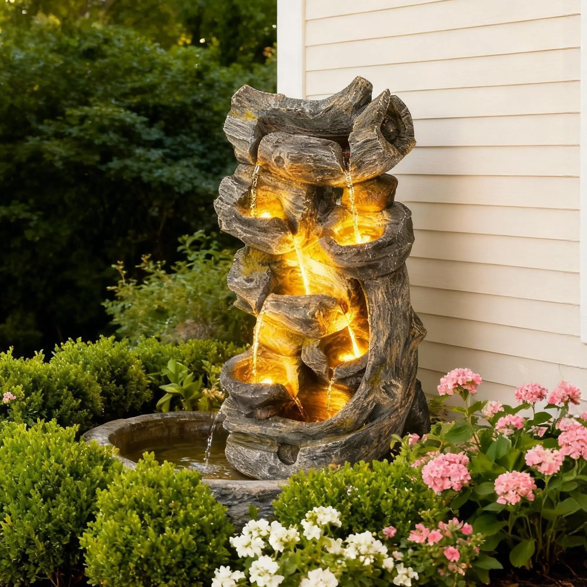 7-Tier Outdoor Water Fountain with LED Lights, Freestanding Cascading Water Feature for Patio Garden Yard Decor, Moss Wood-Look Fountain 23.6"/37.2" H for Outdoor Decoration