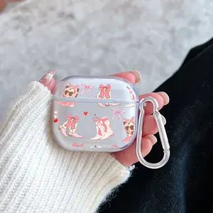 Pink Bow Boots Pattern Protective Case for AirPods 4/3/2/1/Pro/Pro2 Soft TPU Earphone Cover, Transparent with Keychain