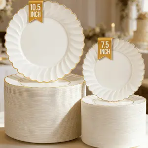 60pcs Ivory Plastic Flower-Shaped Party Plates, Heat Resistant Reusable Elegant Tableware Set, Perfect for Parties Weddings Birthdays