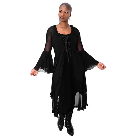 Foxblood Shop Women's Stylish Lucretia Duster Coat - Coats & Jacket, Bell Sleeves, Mesh Elastane Fabric, High Stretch, Ruffle Neckline, Lace Up Front - Last Stock: XS & 4XL Only, No Restock
