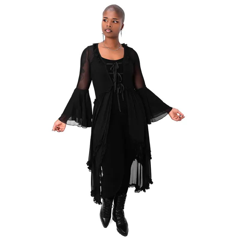 Foxblood Shop Women's Stylish Lucretia Duster Coat - Coats & Jacket, Bell Sleeves, Mesh Elastane Fabric, High Stretch, Ruffle Neckline, Lace Up Front - Last Stock: XS & 4XL Only, No Restock