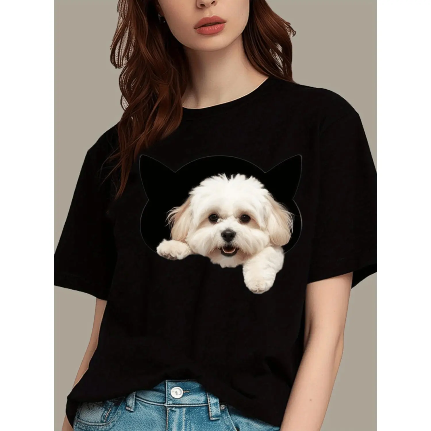 Comfortable Cotton Women Black T-Shirt With Playful Dog Print Short Sleeve Crew Neck Top For Casual Wear