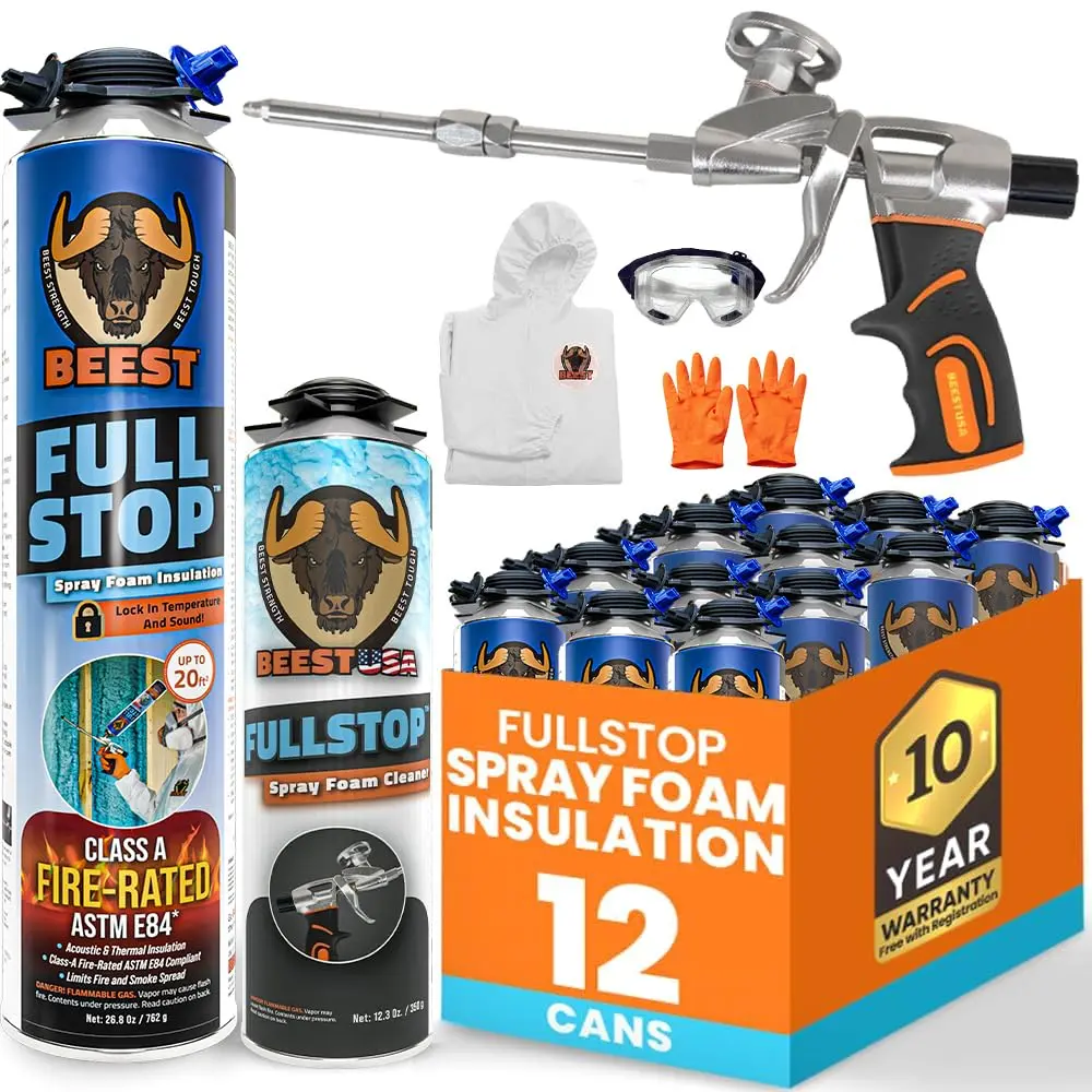 BEEST FullStop Spray Foam Insulation Kit for Walls and Attic - Perfect Heat & Acoustic Insulation for Reduced Energy Bills - Spray Foam Cans, Pro X Gun & Cleaner Can & Safety Gear