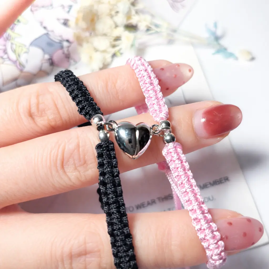 Handmade Heart Magnet Bracelet for Women Men Fashion Black & Pink Adjustable Braided Couple Bracelet Lovers Bestie Friendship Jewelry Sets Love