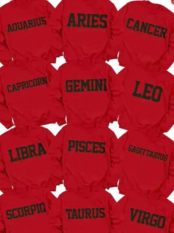 Zodiac Red Top Crewneck T-shirt Hoodie, Astrology Sweatshirt, Unisex Birthday Gift, Casual Classic Crewneck Menswear Pullover Long Sleeve, Fashion Cotton, Full Colors, Full Sizes, For Men, For Women.
