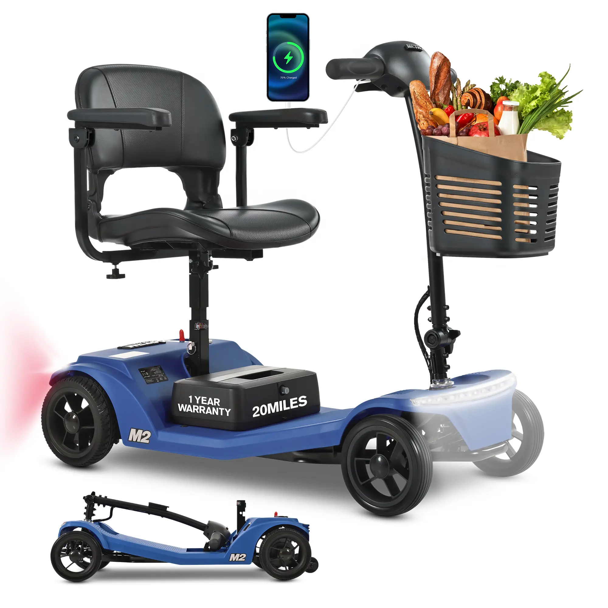 Metro Mobility 4 Wheel Powered Mobility Scooters, 330 lbs Capacity Mobility Scooters for Adults, Electric Folding Scooters for Seniors 20 Miles Range LED Light-BLUE
