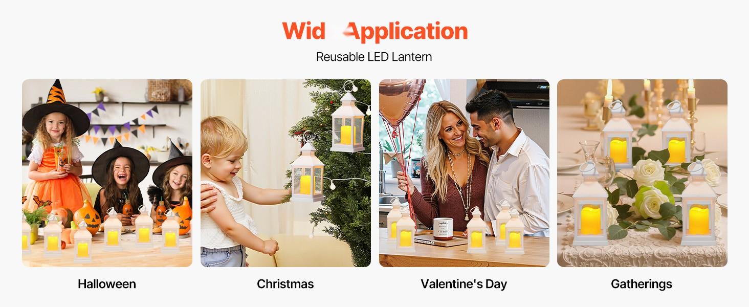 12 Pack Decorative Lanterns with LED Flameless Candles, Plastic Frame and Glass Panels, Wall Hanging Indoor Porch Lanterns for Wedding Tables and Party Decor, Farmhouse Style White