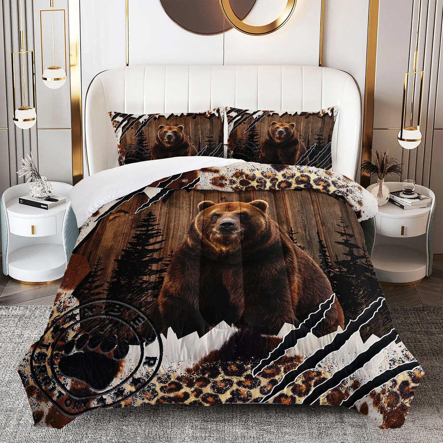 Rustic Bear Animals Microfibre Duvet Set - 3pcs Queen/King Size Bedding with 2 Pillowcases, Warm, Breathable, Lightweight, Soft, All-Seasons, Machine Washable, Girls' Bedroom Decor, Family Gift