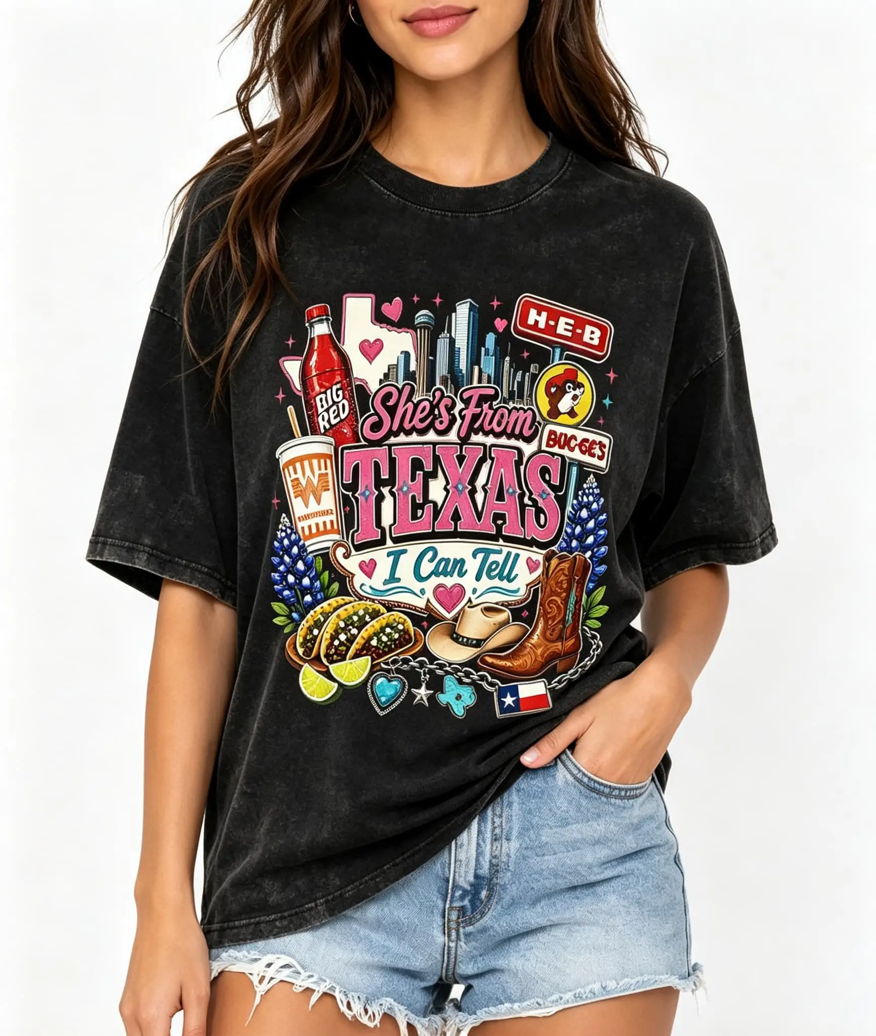 Women's Vintage Acid Wash Blue Quote T-Shirt, Colorful Casual Cowboy Top with "She's from Texas-I can tell" Buc-ee's/HEB/Whataburger Print, 100% Cotton Soft Breathable Sweat-Wicking Drop-Shoulder Crew Neck Unisex Retro Southern Tee for Everyday Wear, Fits