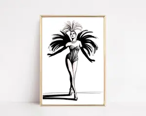 [SALE UP TO 40%] [Unframed] Glamorous Showgirl Illustration – Las Vegas Inspired Fashion Sketch, Burlesque Wall Art