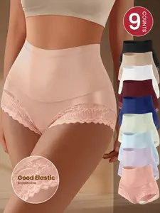 Women's High-Waisted Seamless Lace Trim Triangle Panties, Elegant Comfortable Fit Breathable Stretch Shapewear Undergarments