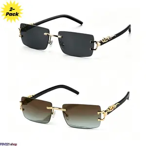 Men's 2-Pack Rimless Gradient Sunglasses, Luxury Gold Alloy Frame Shades with Decorative Temples, Durable Casual Aesthetic Color-Tinted Sunglasses for Streetwear Daily Use, Casual Sunglasses, Borderless Men's Sunglasses