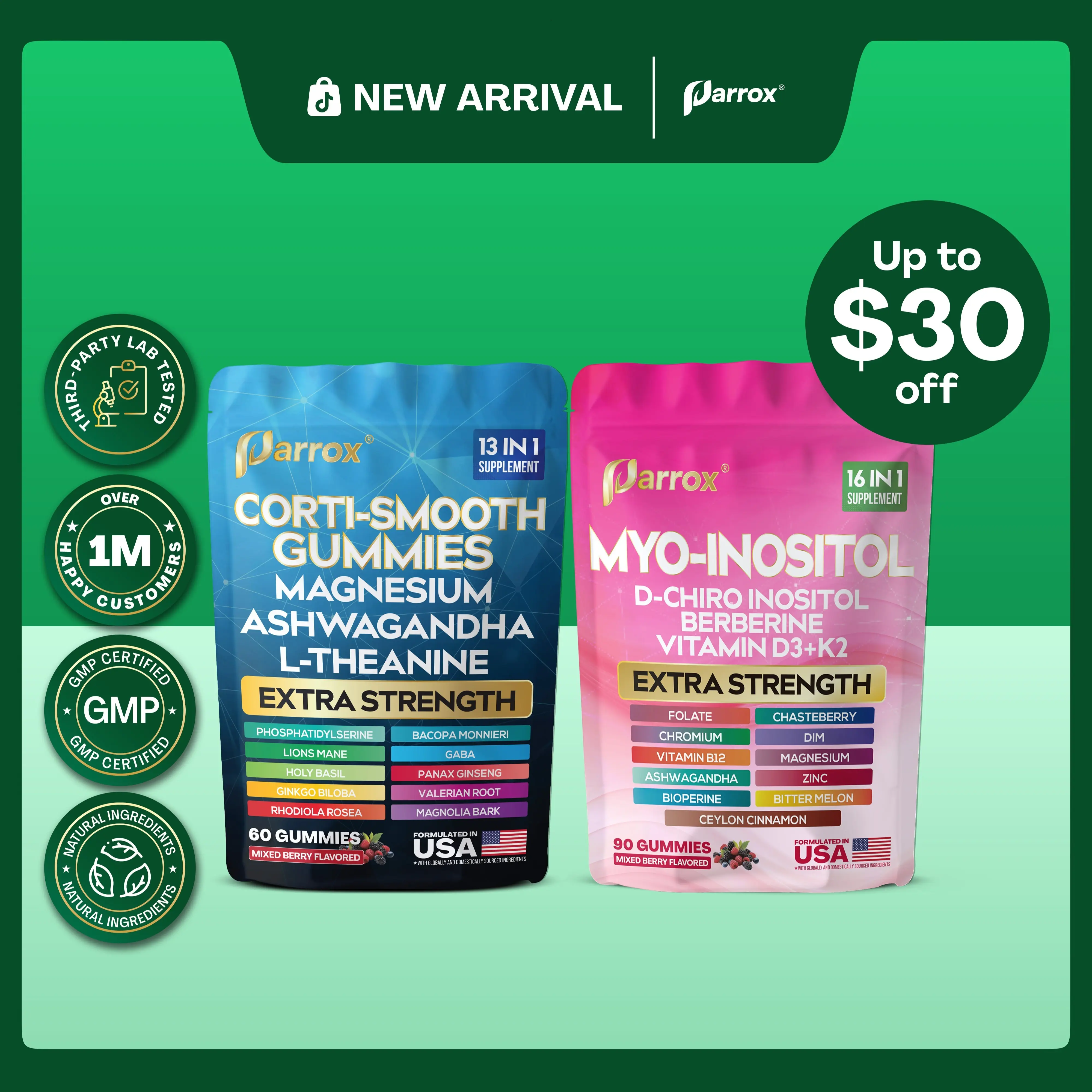 Soothe & Smooth Gummies (Mixed Berry Flavored) - Parrox Cortisol and Myo-Inositol All-in-One Supplement - Multivitamin Combo with Extra Strength Ingredients - MADE IN USA
