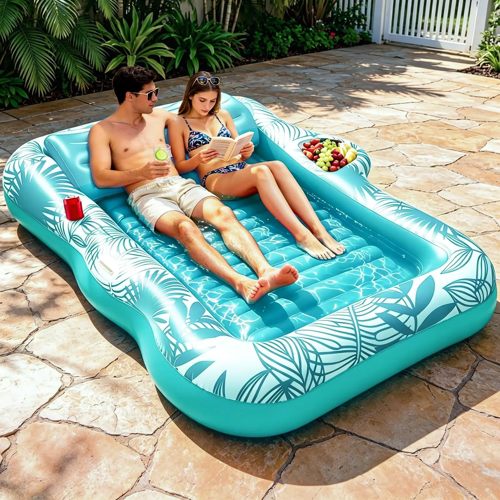 XL Inflatable Tanning Pool Lounge Float With Cup Holder, 83" x 63" Extra Large Pool Floats Adult with Pillow, 4 in 1 Suntan Tub Raft Floatie, Sunbathing Bed Lounge for Water Blow Up Kids Ball Pit Party Gifts Inflatable Sofa Summervibes