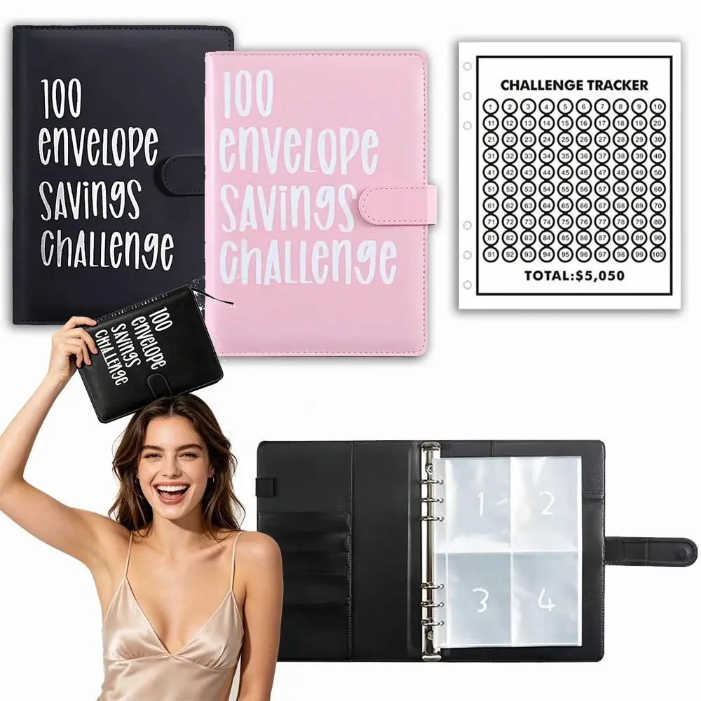 A5 Size 100 Envelope Savings Challenge Minimal Binder With Crystal Clear Cash Pouches Savings Tracker Sticker Card Black Dusty Lavender Shades