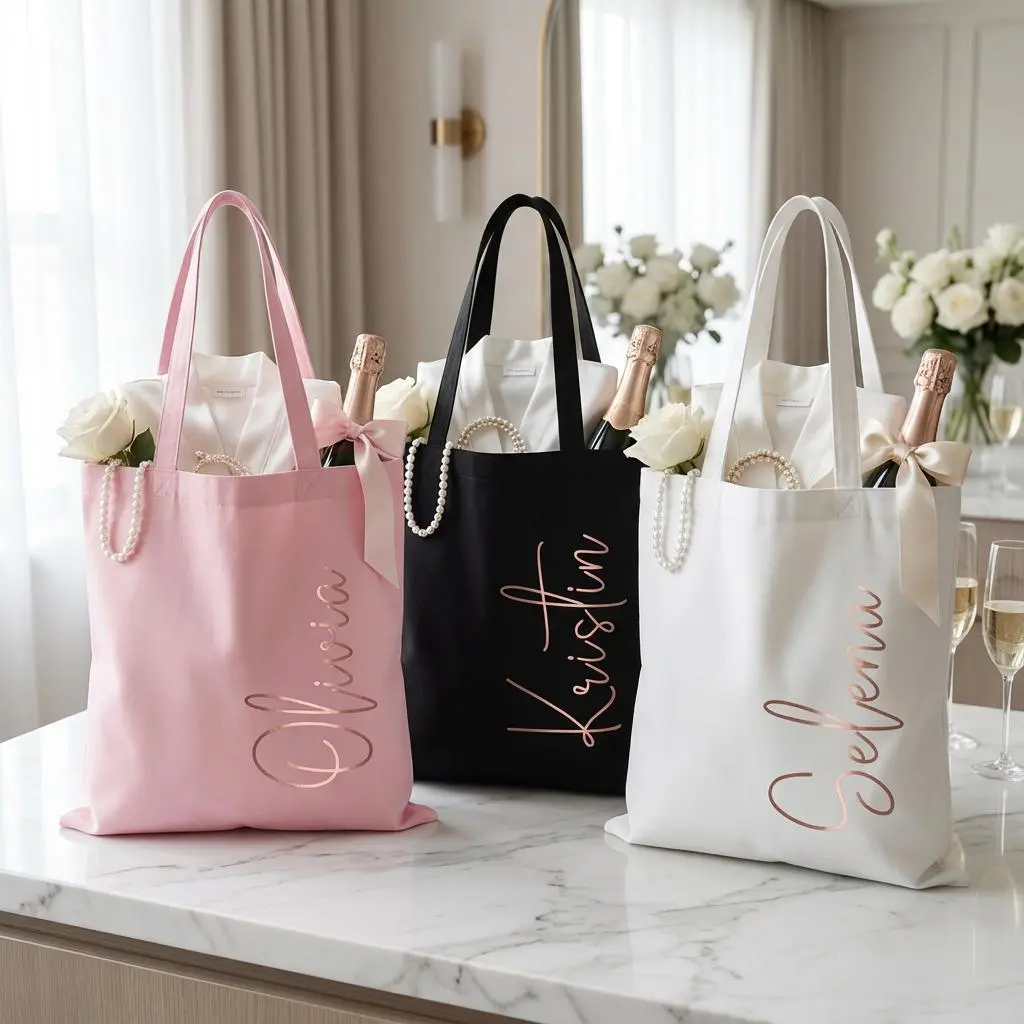 Custom Name Tote Bag Personalized Cotton Tote Bridesmaid Tote Wedding Gift Bag Bridal Party Tote Bachelorette Tote Reusable Gift Bag