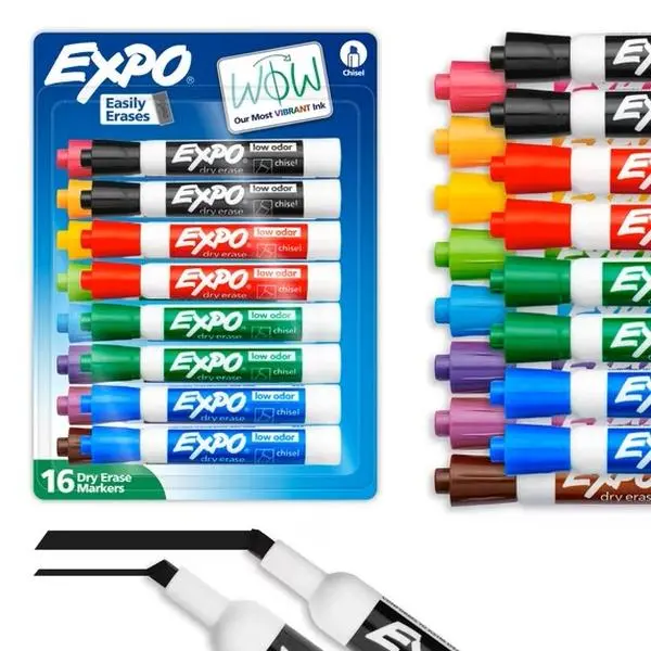EXPO Chisel Tip Dry Erase Markers Set, Low Odor Ink, Assorted Colors, Easily Erases, 16 Count, Chisel Tip Set