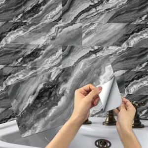 6/12/24/48 PCS FG Retro Tile Stickers Dark Grey Fluid Marble PVC Crystal Film Self-Adhesive Waterproof Oil-Proof Splashback for Kitchen Bathroom Floor Tile Wood Home Decoration
