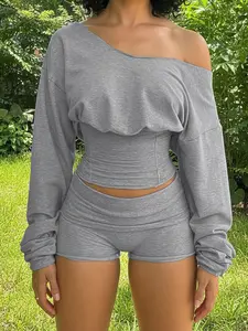 Women's Casual Two-Piece Set, Knitted Shorts Set, Womenswear, Crop Top Long Sleeve & Slim Fit Shorts, Spring & Fall Fashion, Plain Pattern, Slant Neck Design, Basic