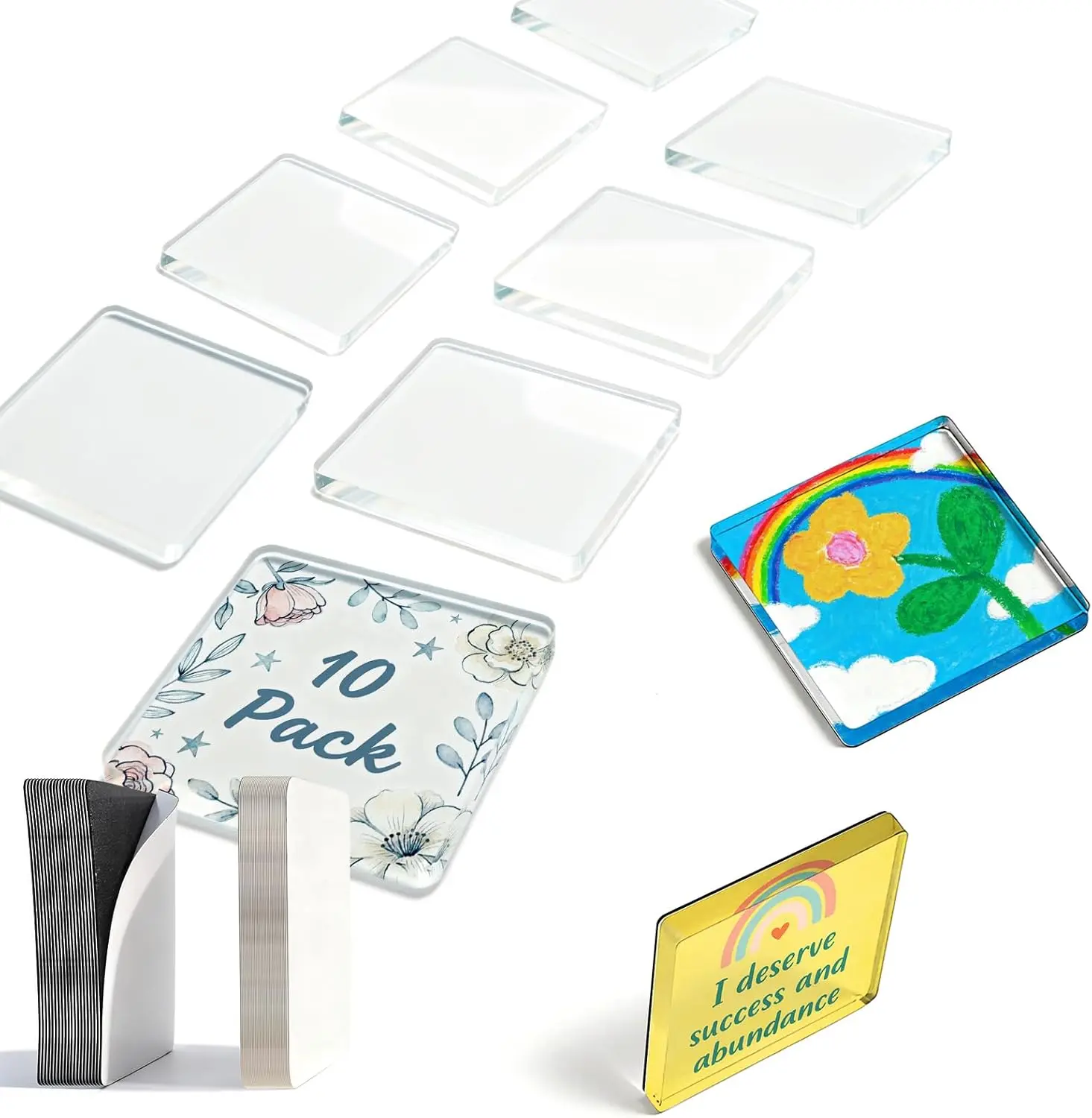 10 Pack Acrylic DIY Fridge Magnets Set with Adhesive Backing – Square Magnetic Photo Frames for Crafts, Kitchen, Classroom, Party & Office Decoration