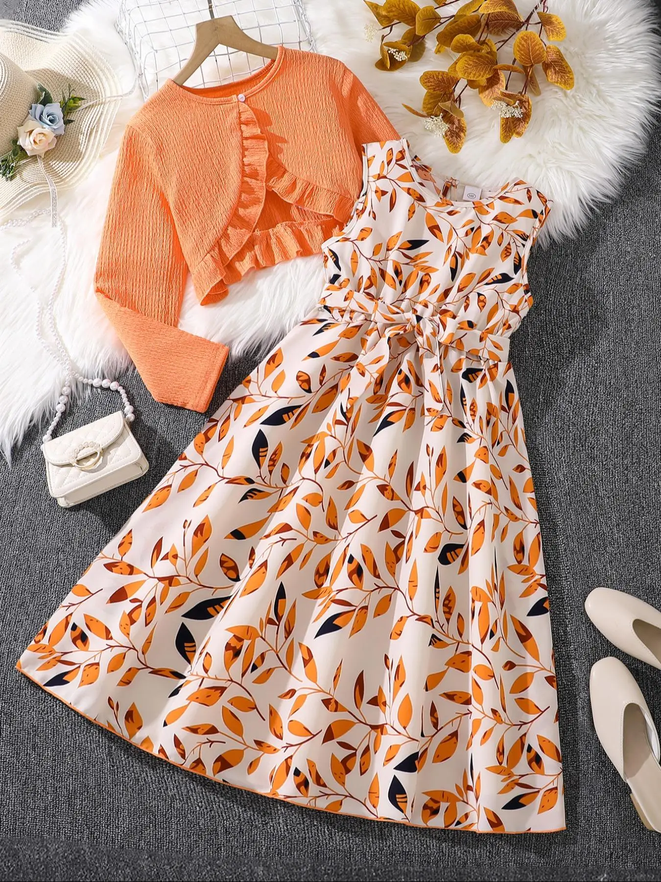 Two-piece Set Girl's Button Front Ruffle Trim Top & Leaf Print Belted Dress Set, Elegant Fashion Casual for Daily Outdoor Wear, Girls Set for Spring F