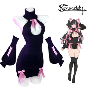 Koruraclub 2026 Hottest Picks Cute Girl Pink Bow Turtleneck WhiterBlack Sweater Cosplay Knitwear Underwear Backless Long Dress with Matching Arm Sleeves and Stockings SpringStatements