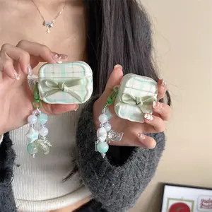 Fresh green checkered bow | Bow star pendant | Earphone case | Best friend gift | Suitable for AirPods 1 2 3 4 Pro Pro2 Pro3 | Earbuds