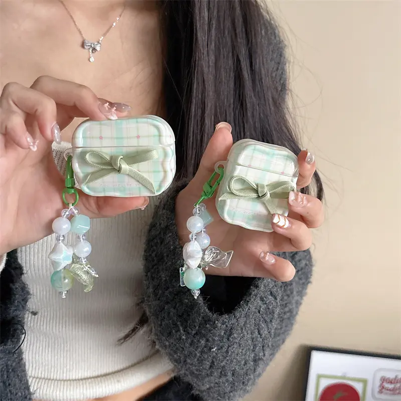 Fresh green checkered bow | Bow star pendant | Earphone case | Best friend gift | Suitable for AirPods 1 2 3 4 Pro Pro2 Pro3 | Earbuds | Headphones