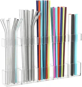 Straw Holder for Cabinet Door, Reusable Tumbler Straw Organizer Storage Container Mount for Kitchen Counter Cupboard Door (Transparent, 9.5inch)