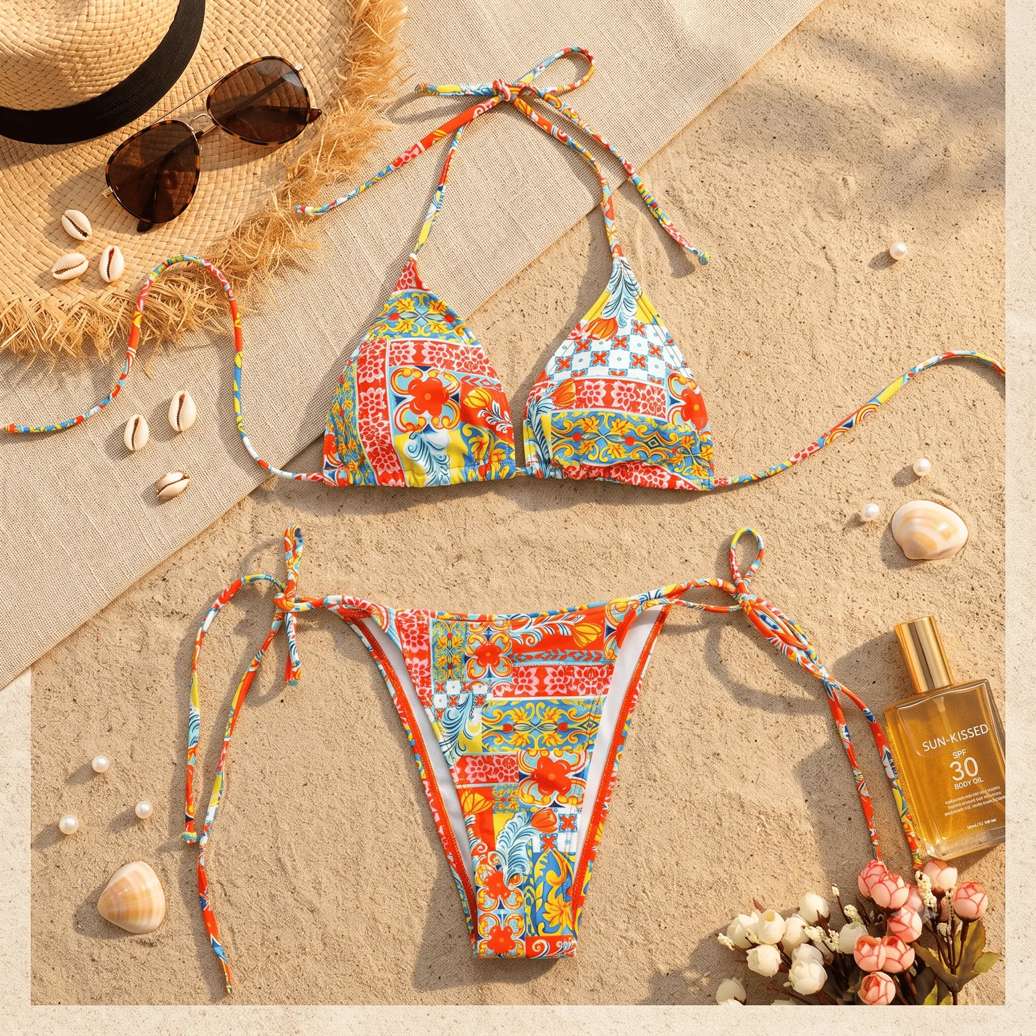 Coordinated Couple Beachwear | Blue & White Map Print Swim Trunks & 2-Piece Bikini