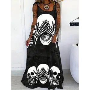 Spring Tok Skull Print Plus Size Maxi Cami Dress - Tie Shoulder Round Neck Casual Spandex Lace Comfort Fit Polyester for Women Womenswear Summer Sleeve Collar Fabric Bright Pink Color Sleeveless Black