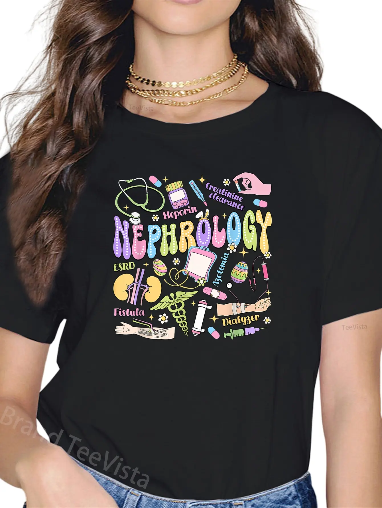 Women's Casual Nephrology Graphic T-Shirt in 100% Cotton, Funny Short Sleeve Round Neck Top for Nurses and Dialysis Techs, Shortsleeve, Everyday, Tshirt, Vintage, Crew Neck