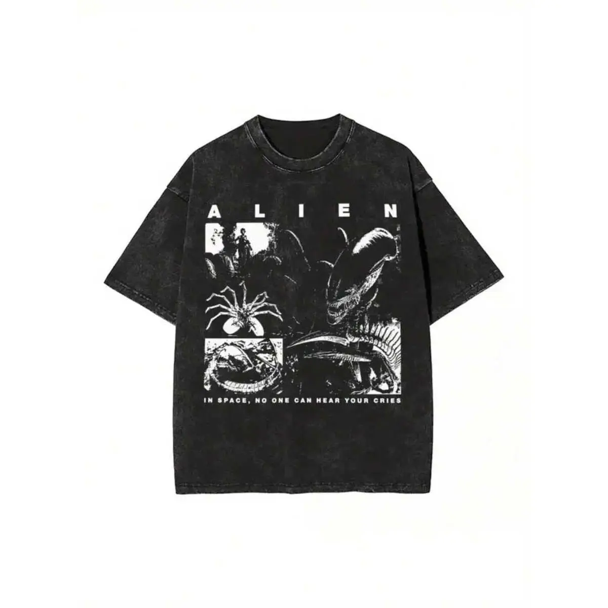 Men's Retro Top with Alien Figure Applique, Washed Distressed Shortsleeve in Soft Breathable Stretch Fabric, Menswear, Valentines Day, Regular Fit, Retro Print, Applique Details, Tshirt, Unisex, Cotton, Knitted, Round Neck, T-Shirt, Graphic, Cotton Graphi