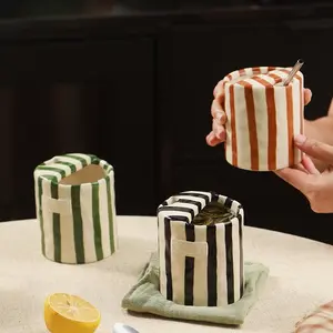 Vintage Striped Hand-Painted Ceramic Travel Coffee Cup, Heat Resistant & Non-Slip, Hot & Cold Drinks, Ideal Holiday Gift