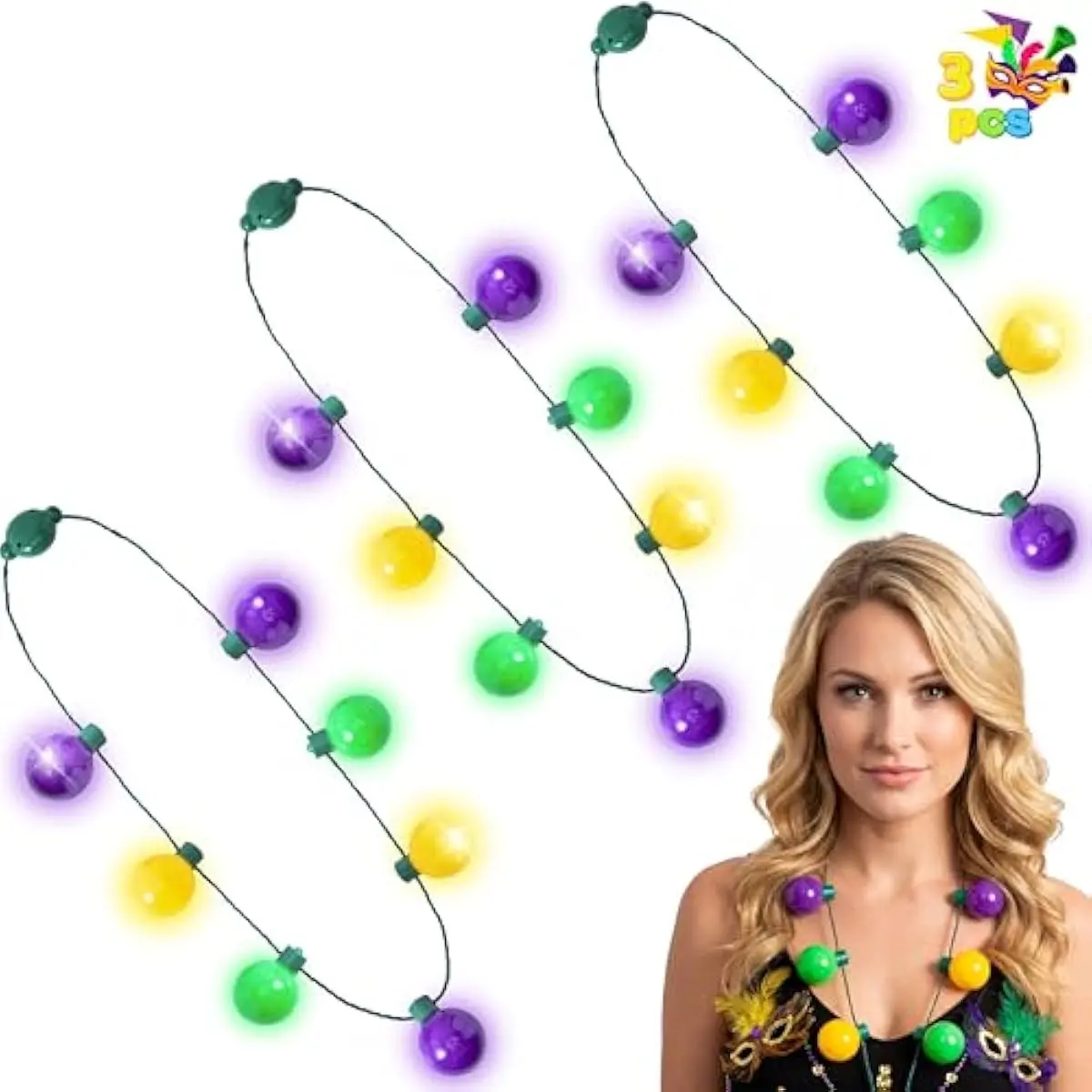 3 PCS Mardi Gras LED Bulb Necklace, Purple, Green, Gold LED Light Up Necklace with 6 lighting modes for Mardi Gras Party Favors Supplies, Masquerade Costume Accessories