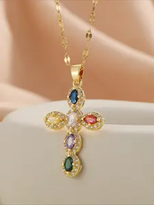 1pc Elegant French Retro Cross Necklace for Women - Golden-Tone Chain with Multicolor Synthetic Gemstones