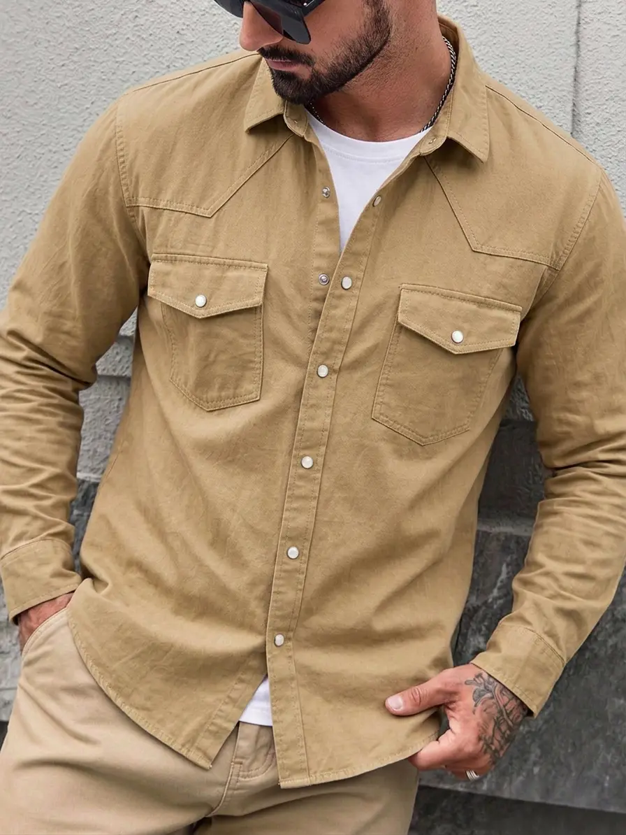 Men's 100% Cotton Collared Neck Plain Full Sleeves Workwear Shirt - Pearl Snaps, Dual Chest Pockets, Regular Fit, Year-Round Street Casual Button Down (Beige)