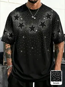Men's Rhinestone Star T-Shirt, Y2K Shiny Streetwear Tee, Loose Fit, Sparkly Stars, Hip Hop, Nightlife, Bold Fashion, Comfortable Daily Wear