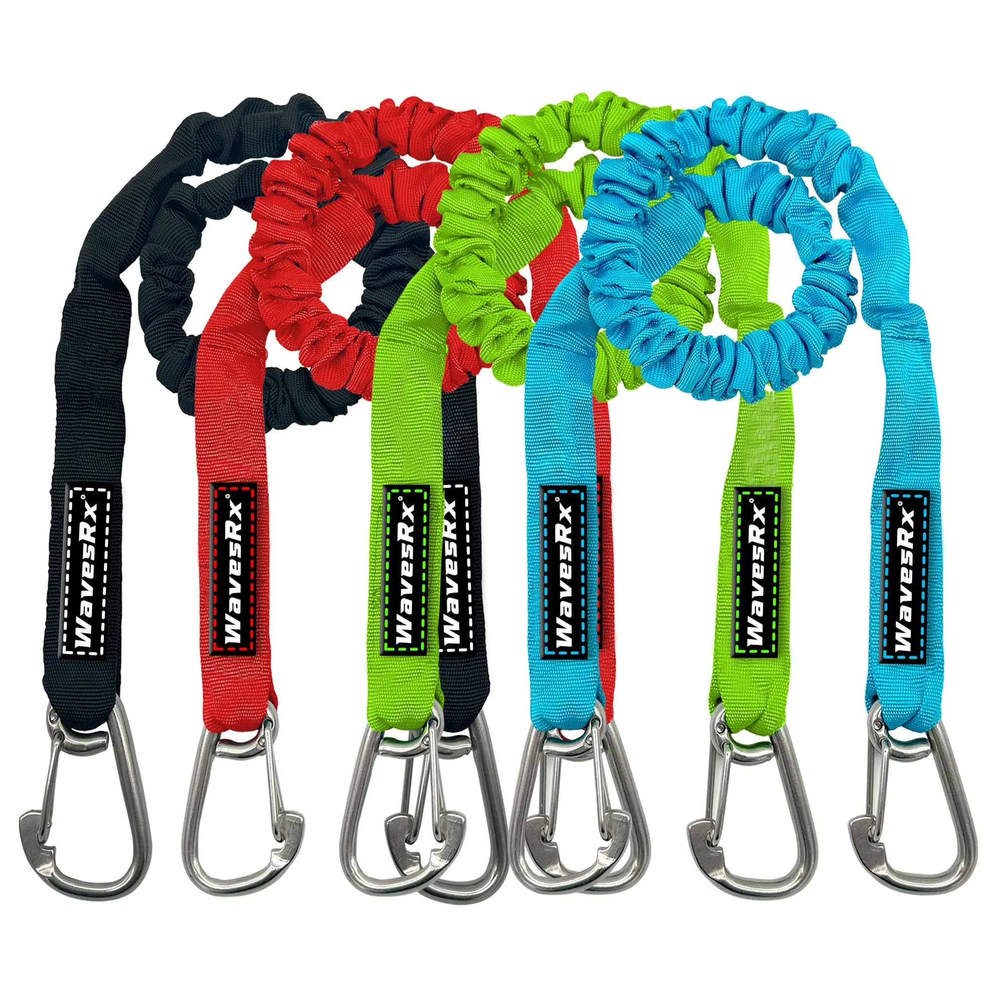 WAVESRX DockingPal - Premium Flat Bungee Dock Lines for Boats I Elastic Boat Dock Rope with Stainless Steel Carabiners | Stretches from 3' to 5' | Absorbs Shocks Prevent Damage to Jet Ski & PWC