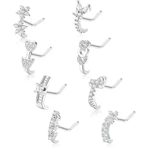 Sanfenly 8Pcs 18G Nose Ring Studs Surgical Steel CZ Heart Butterfly Flower Nose Rings L Shaped Nostrial Piercing Jewelry for Women Men Sliver Gold Rose Gold